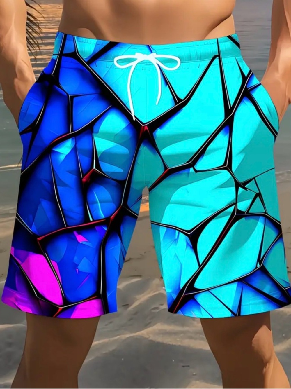 Men's Blue Mosaic Swim Trunks with White Drawstring